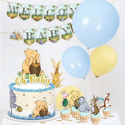 131 Pcs Classic Bear Baby Shower Oh Baby Balloons, Vintage Boy Baby Shower Decorations, Classic the Pooh Backdrop Tablecloth Cake Topper for Newborn Birthday Shower Decorations - Thumbnail 6