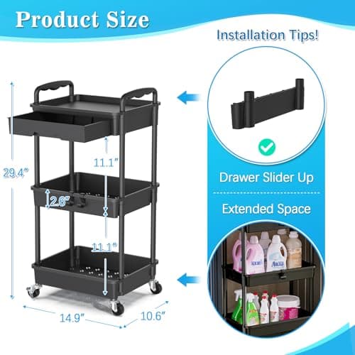 SUNALLY 3 Tier Rolling Cart with Drawer, Bathroom Storage Organizer with 2 Lockable Wheels, Multifunctional Rolling Storage Cart for Bathroom, Kitchen, Office, Craft, Makeup, Baby Essentials, Black - Thumbnail 3
