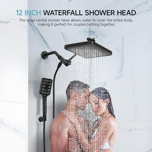 Rain Shower Head with Handheld Spray Combo Set, Adjustable 12" Rainfall Dual Shower Head, Double&Tandem Shower Head, Waterfall Showerhead Bathroom -Matte Black - Thumbnail 2