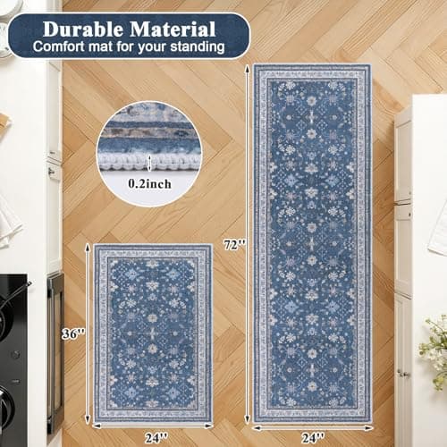 Ileading Kitchen Rugs Sets of 2 Non Slip, Washable Kitchen Mats for Floor with Rubber Bottom, Farmhouse Kitchen Carpet Runner Set for Office, Sink, Laundry, Navy Blue - Thumbnail 2