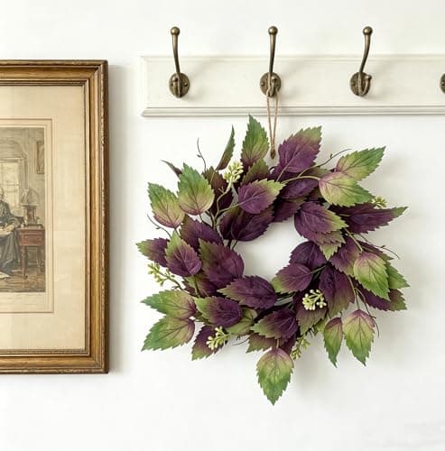 2 Pcs 16" Purple Hibiscus & Eucalyptus Leaf Wreath - Artificial Greenery Candle Ring Wreath for Front Door, Porch, Window, Farmhouse & Home Holiday Decor - All Season Wreath - Thumbnail 6