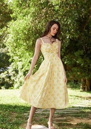 Scarlet Darkness Floral Dress for Women 2026 Spring Yellow Dresses Cottagecore Long Flowy Sundress Yellow M - Thumbnail 2
