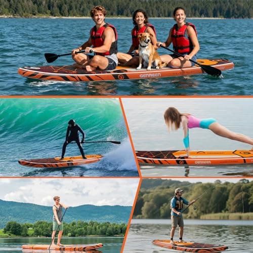 Genreen Paddle Board Stand up Paddle Board Inflatable SUP 11'*34'' EVA 0.5cm Thickened PVC Double Layer 450LBS 5 Grips Family Pet Friendly Lava Orange Black - Thumbnail 6
