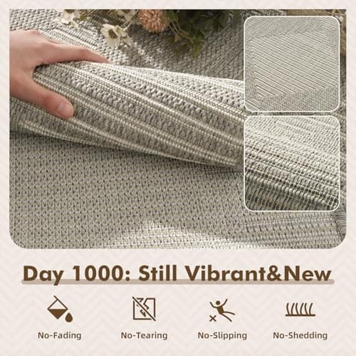 MontVoo-Outdoor Rug Carpet Patio Rug 5x7 ft Polypropylene Indoor Outdoor Rugs for Patio Deck Balcony Porch, Textured Weave, Durable for High Traffic, Fade-Resistant, Boho Geometric Silver Grey - Thumbnail 2
