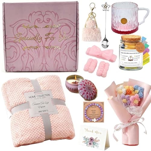HJOCMLE Birthday Gifts Set for Women Luxury Pink Spa & Self Care Gift Boxed Set with Cozy Blanket, Tumbler, Scented Candle, Sleep Mask & Mini Bouquet for Mom, Sister, Friend,Mother,Grandma, Wife - Image 1