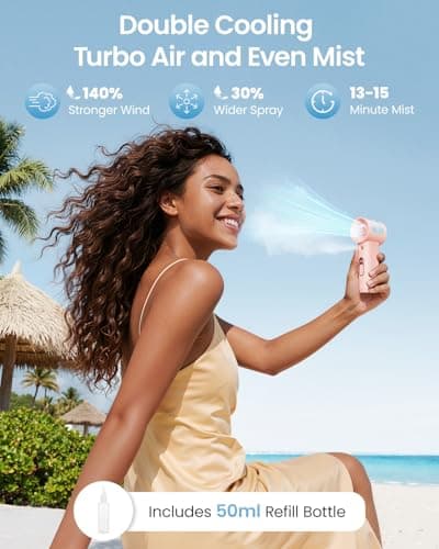 SWEETFULL Handheld Misting Fan Portable - 5000mAh Rechargeable Battery, Powerful Turbo Personal Mister Fans, 5 Speed, Mini Water Spray Mist Hand Fan for Travel, Outdoors, Beach Vacation (Pink) - Thumbnail 2