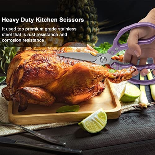 CGBE Kitchen Scissors All Purpose Heavy Duty, Ultra Sharp Stainless Steel Kitchen Shears Dishwasher Safe, Cooking Shears for Chicken, Poultry, Fish, Meat, Herbs & Grapes with Non-Slip Grips - Purple - Thumbnail 5