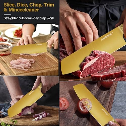 ANSHEE 7 Inch Japanese Santoku Knife High Carbon Stainless Steel Gold-Colored ProfessionalChef Knife,Multipurpose Kitchen Blade Ultra Sharp with Sheath/Gift Box for Meat,Veggies,Fruits Home&Restaurant - Thumbnail 4