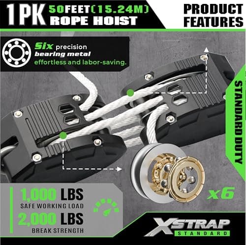 XSTRAP STANDARD Heavy-Duty 2,000LB 50 Feet Reflective Rope Hoist Pulley 1 Ton Wheel Block and Tackle System 5:1 Ratio Lifting Power with 2PK 18 Inch Soft Loop (Upgraded 50ft White) - Thumbnail 3