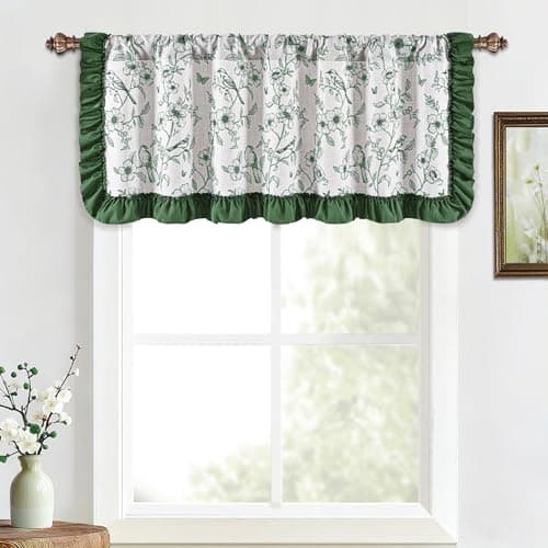 Yinhua Green Floral Valances for Windows with Ruffle, Farmhouse French Linen Window Valances Curtains, Light Filtering Rod Pocket Kitchen Curtains Valance for Living Room Bathroom, 52" W x 18" L - Thumbnail 2