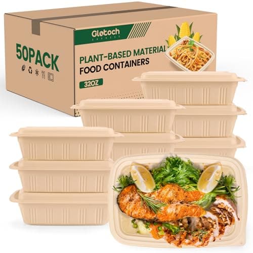 100 Piece (50 Pack) Meal Prep Containers with Lids,32 oz Resuable Cornstarch Material Salad Containers, Plant-based Lunch Boxes, Plastic Take Out Bowls BPA Free, Microwave Freezer Safe, Stackable