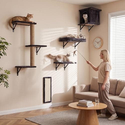 Cat Wall Shelves 5-in-1 Cat Wall Furniture Set for Large Cats, Floating Wall Mounted Cat Climber with Steps, Condo, Scratch Pad and Scratching Post, Space Saving Cat Shelves for Indoor Cats - Thumbnail 2