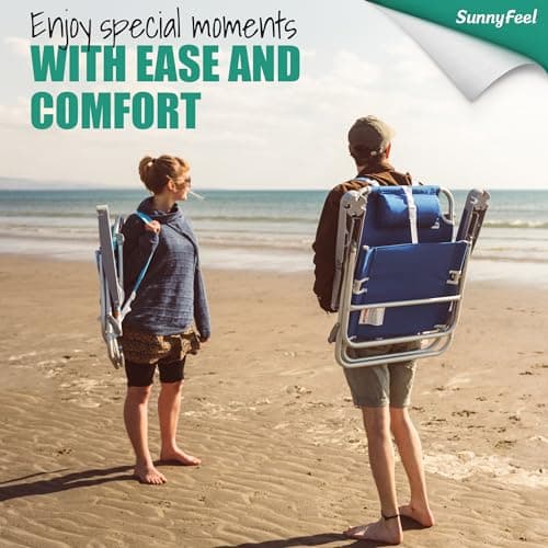 SUNNYFEEL Extra Wide 28" Low Beach Chair 5 Position Lay Flat, XL Oversized Portable Folding Camping Chairs with Cup Holder for Outdoor/Trip, Lightweight Foldable Backpack Beach Chair for Adults - Thumbnail 4