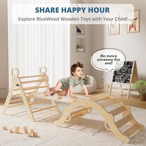 BlueWood Pikler Triangle Set, Toddler Wooden Climbing Toys Indoor 7in1 Climber, Foldable Kids Climbing Toys, Montessori Play Jungle Gym with Arch, Ramp, Ladder (Natural) - Thumbnail 5
