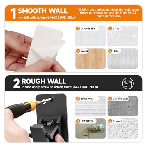 Universal Curtain Rod Holders, No Drill Curtain Rod Brackets, Self Adhesive Curtain Rod Brackets Up to 30 LB, Nail Free Curtain Rod Hooks for Bathroom, Bedroom, Livingroom, Kitchen (2PC, Black) - Thumbnail 5