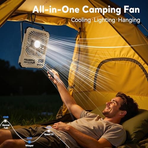 NAOIY Portable Fan, Camping Fan, 20000mAh 6-Inch 18-85H Rechargeable Ultra Thin Foldable with Built-in Power Bank, LED Light, Remote Control, Hook for Outdoor Camping Tent RV Travel (Khaki) - Thumbnail 2
