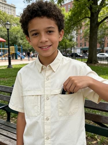 Funnycokid Boys Dress Shirts Button Down Short Sleeve Size 14 13 Teen Beige Casual Cotton Woven with 3 Pockets - Thumbnail 2