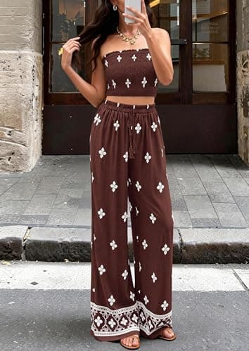 PRETTYGARDEN 2 Piece Sets for Women Summer 2026 Fashion Clothing Boho Tube Tops Wide Leg Pants Cruise Beach Vacation Outfits (Brown,X-Large) - Thumbnail 3