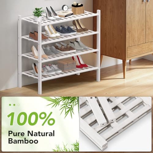 Haddockway 4 Tier Bamboo Shoe Rack Storage Organizer, Multifunctional Free Standing Stackable Shoe Shelf with Grid Panel for Closet,Hallway,Entryway,Small Space 27"x11"x26" - Thumbnail 5