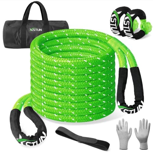 XSTUN 1" x30ft Kinetic Recovery Rope, 35% Stretch - 48K lbs Snatch Rope for Offroad & Snow Rescue, Includes Level 5 Cut-Resistant Gloves, Compatible with Jeep, Truck & ATV (Green)