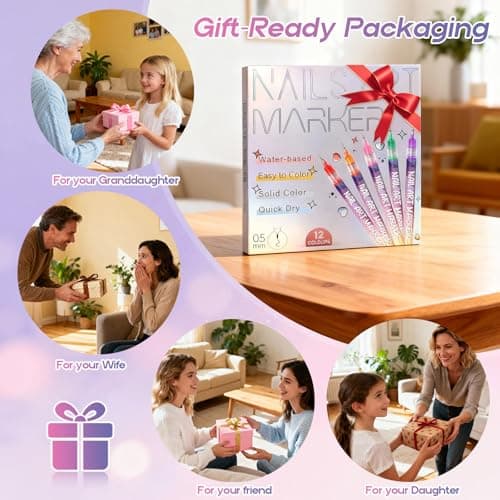 Nail Art Pens for Painting Nails 12 Colors Nail Art Markers Set with 0.5 mm Fine Tip Nail Doodle Pens for Girls Kids Women (Standard) - Thumbnail 6