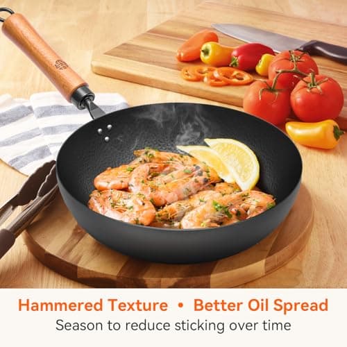 WANGYUANJI 11" Iron Skillet with Glass Lid & Griddle Spatula, Flat-Bottom Frying Pan, Uncoated & Unseasoned, Induction/Gas/Electric Compatible, Wooden Handle (Seasoning Required) - Thumbnail 2