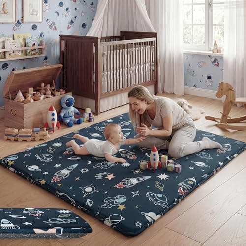 PaPaMat 1.5" Thick Premium Baby Floor Play Mat, 71x59 Memory Foam Mat, Tummy Time Play Mat for Baby to Play on Floor Nursery Playroom Classroom, Space Adventure