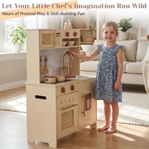 Wooden Kitchen Playsets for Kids, Pretend Play Kitchen with Realistic Clicking Sounds, Gold Faucet, Coffee Maker & Cooking Accessories, Set for Toddlers Boys Girls Age 3+ - Thumbnail 6