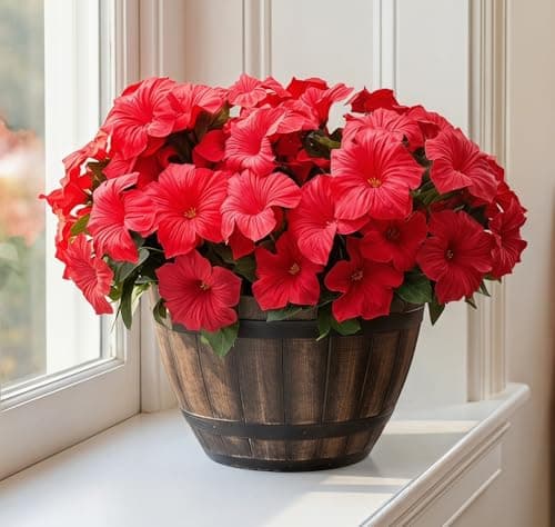 Vemander Artificial Fake Flowers Plants for Outdoor Decoration, 4PCS Faux Petunias Silk Flower UV Resistant No Fade for Home Outside Garden Balcony Yard Porch Realistic Indoor Decor (Red) - Thumbnail 4