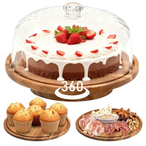 cutesun Cake Stand with Lid, Rotating Cake Stand with Lid & Dome, 11.8'' Acacia Wood Shatterproof 10.4'' Acrylic Cake Display Stand for Wedding, Birthday, Parties - Image 1