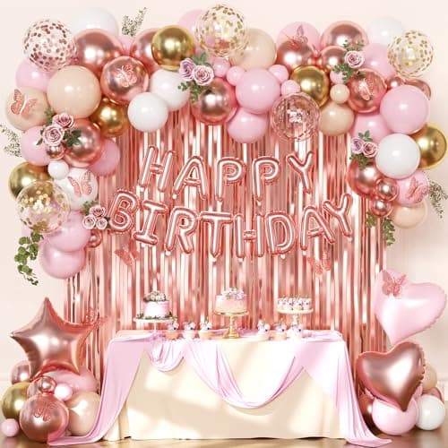 Rose Gold Birthday Decorations, Gold Pink Peach White Balloons Confetti Foil Balloons Happy Birthday Banner Butterfly Fringe Curtains birthday Decorations for Women Teens Girls - Image 1