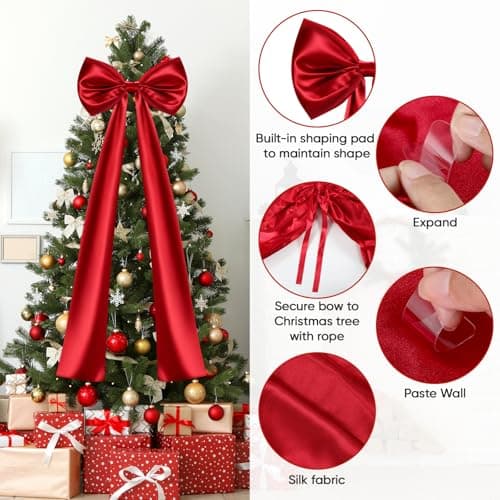 Christmas Tree Topper Bow, 23.6 x 87 Inch Giant Christmas Tree Toppers Satin Bows Christmas Decorations, Christmas Wreath Bows for Home Party Wedding Car Holiday Decor Supplies (47 Inch Red Bow) - Thumbnail 6