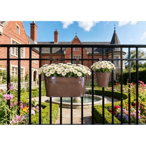 Joyfernal Set of 8 Outdoor Metal Railing Planters Box - 4 Pcs 5.12" Round Balcony Hanging Planter & 4 Pcs 17" Oval Fence Pot with Detachable Hooks Drainage, Chocolate - Thumbnail 2