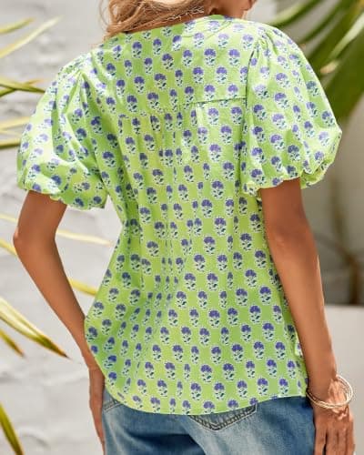 KIRUNDO Boho Tops for Women Summer 2026 Dressy Floral Blouse V Neck Drawstring Short Sleeve Shirts Beach Vacation Clothes(Green, X-Large) - Thumbnail 3