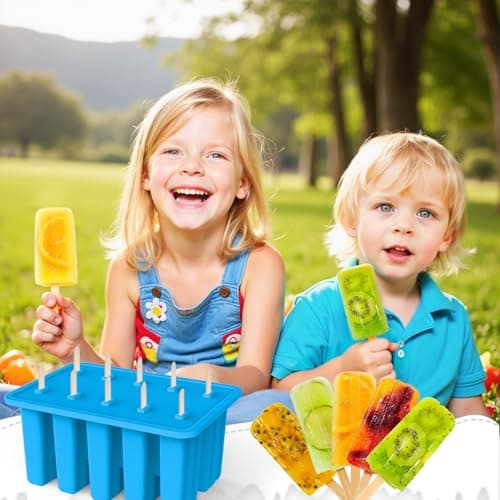 Miaowoof Homemade Popsicle Molds, 10-Cav Non-BPA Silicone Ice Pop Maker, with 50 Sticks, 50 Bags, 10 Reusable Sticks, Funnel, Brush and Ice Pop Recipe (Blue) - Thumbnail 6