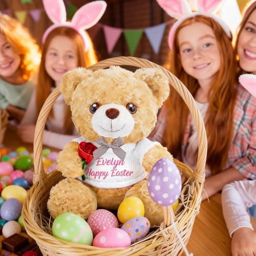 OELTTG 12in Customized Teddy Bear Gift with Rose - Easter Basket Stuffers, Personalized Plush Bear with Embroidered Name, 3 Colors & 9 Outfits | Perfect Easter Birthday Gift for Kids - Thumbnail 2