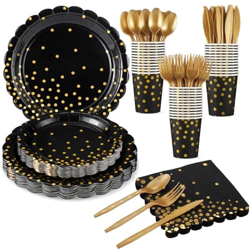 Xiangqu 175 Pcs Black and Gold Plates and Napkins, Disposable Black Gold Dinnerware Include Scalloped Party Plates Napkin Cups Plastic Cutlery for Men Birthday Graduation Retirement Congratulations - Image 1
