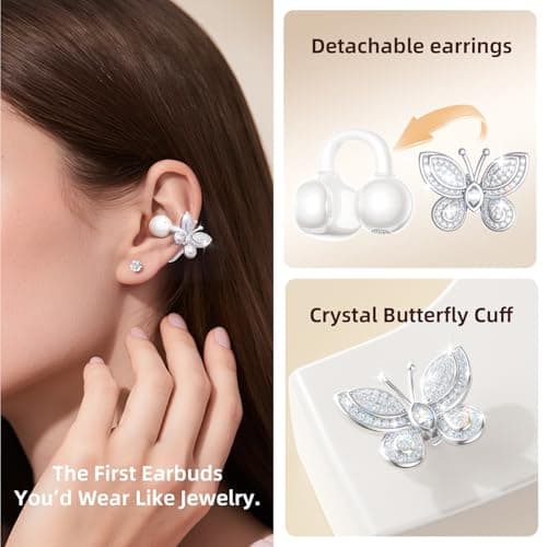 Kinglucky Jewelry-Inspired Clip-On Earbuds with Butterfly Earrings, Comfortable Fit & 40H Playtime Open Ear Bluetooth 5.4 Wireless Headphones for Women, Small Ears, Sports & Workouts (White) - Thumbnail 2