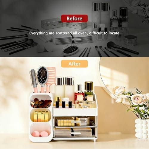 Makeup Organizer Countertop, Spacious Cosmetic Display Case with Makeup Brush Holder, Perfect Vanity Bathroom Organizer and Storage, White - Thumbnail 4