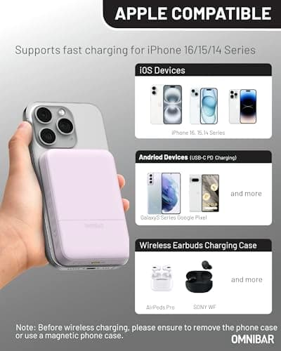 Omnibar Magnetic Power Bank for iPhone, 5,000mAh MagSafe Portable Charger, 0.5'' Slim Wireless Power Bank with USB C Cable, Travel Essentials Magnetic Battery Pack for iPhone 17/16/15/14/13/12, Purple - Thumbnail 6