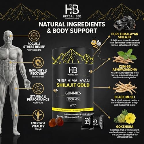 Herbal Bee Shilajit Gummies: Pure Himalayan Shilajit with Ashwagandha & Fulvic Acid, 85+ Micronutrients Trace Minerals - No Added Sugar, 100% Natural & Organic, Non-GMO for Men & Women | 60 Gummies - Thumbnail 3