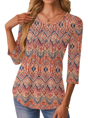NORACORA 3/4 Length Sleeve Womens Tops Crew Neck Loose Fit Shirts Pleated Cute Clothes Dressy Casual 2026 Summer Tunics Boho XL - Thumbnail 6
