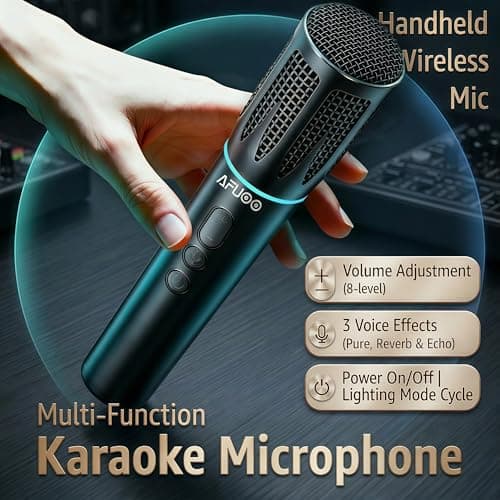 AFUOO Rechargeable Wireless Microphones & Bluetooth Dual-Mics Receiver for Karaoke, Singing, Speech, DJ, 24H Battery, 200ft, RGB Light, Wireless Microphone Set for Mic/Aux/USB Port (Dual Mic, Black) - Thumbnail 3