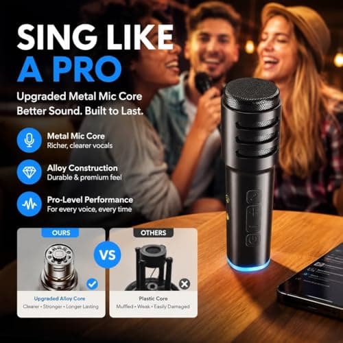 Portable Karaoke Machine for Kids Adults, Singing Machine Karaoke with 2 Wireless Microphones for Home Outdoor, Bluetooth 6.0, Voice Changer LED Lights Party Entertainment, Gift for Women Men Kids - Thumbnail 3