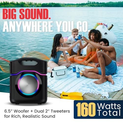 AudioSource 2.1 Channel Party Speaker with Built-in Subwoofer, 160W, RGB Light Modes, Portable Outdoor Karaoke Speaker, Bluetooth 5.3, Dual Mic Inputs, Ultra Bass Boost, Matte Black, AP40 - Thumbnail 2