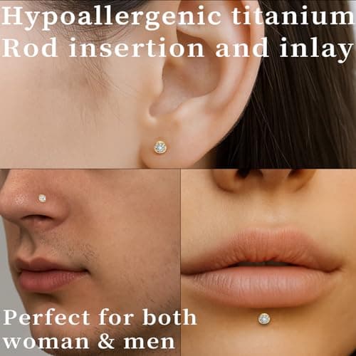 hooppoo Delicate Moissanite & Titanium Threadless Flat Back Studs - 6-Piece 20G Labret Set for Nose, Helix, Cartilage, Conch, and Lip Piercings for Women & Men (Gold) - Thumbnail 2