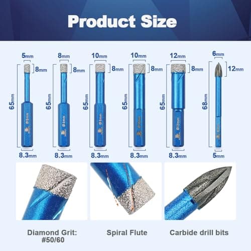 Diamond Drill Bit 1/5 1/4 5/16 3/8 1/2 inch - BRSCHNITT 1/4 inch Masonry Drill Bits Set for Porcelain Tile Ceramic Stone Granite Marble,Hex Shank Diamond Hole Saw Drill Bit(6pcs/Pack) - Thumbnail 2