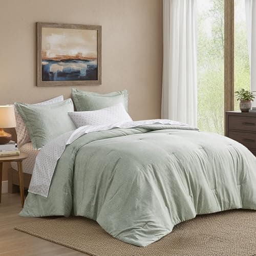 Regency Heights Queen Size Comforter Set, Lightweight 7 Pieces Sage Green Bed in a Bag All Season Chambray Print Bedding Set Ultra Soft Comforter, Farmhouse Sheets, Pillowcase & Sham