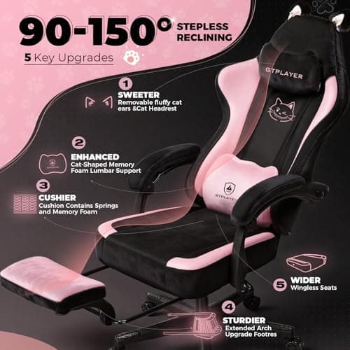 GTPLAYER Pink Gaming Chair Cute with Cat Ears Ergonomic Computer Chair with Cat Embroidery Adjustable Memory Foam Lumbar Support and Headrest Comfortable Reclining Office Chair Soft Velvet Fabric - Thumbnail 5