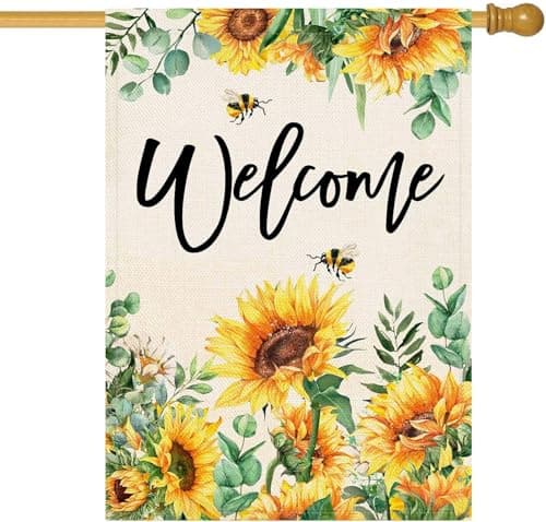 Baccessor Spring House Flag Sunflower Bee Eucalyptus Leaves Welcome Flag 28 x 40 Inch Double Sided Burlap Yard Large Spring Summer Outside Decor